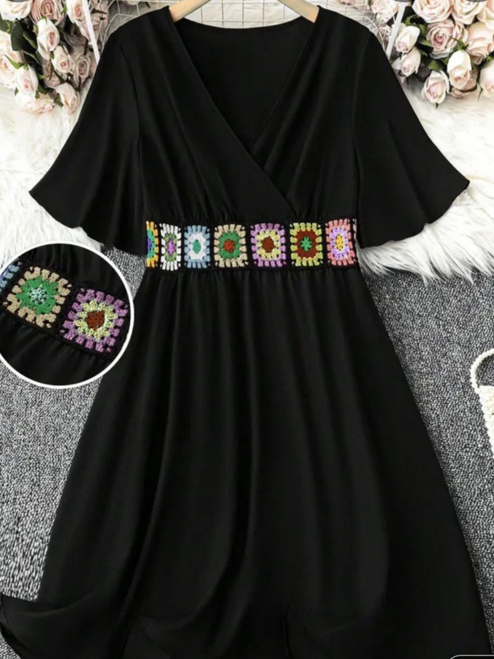 Black Midi Dress with Multicolor Crochet Waistband